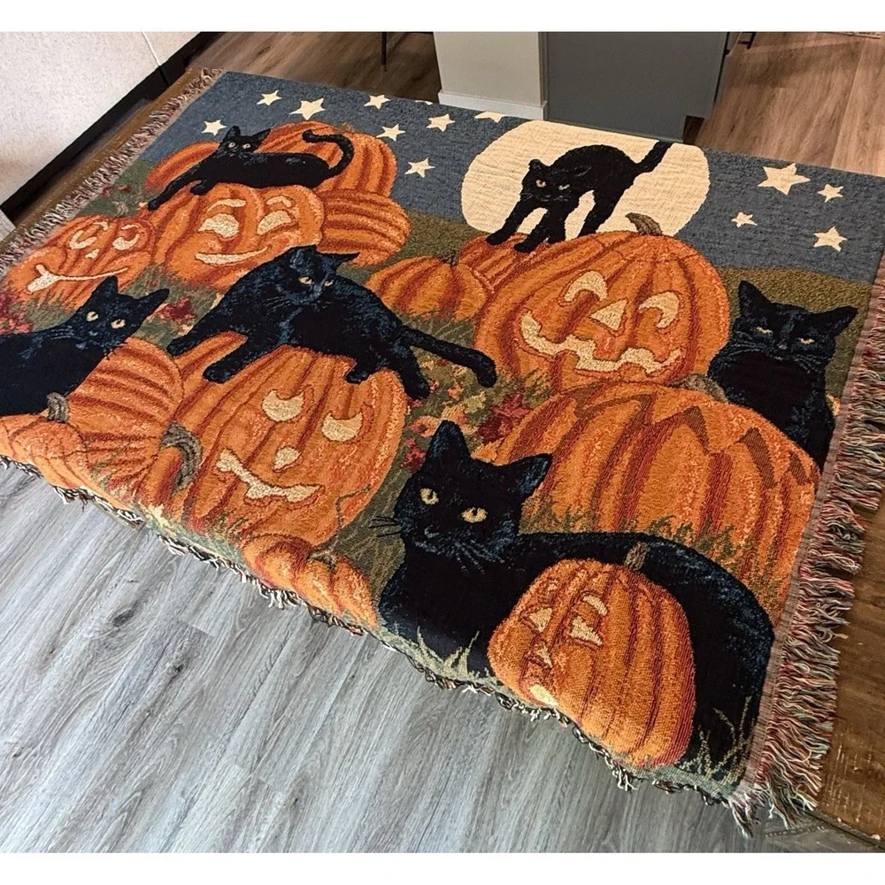 Halloween Black Cat Pumpkin Tapestry Autumn Fall Decor Blanket Throw 63